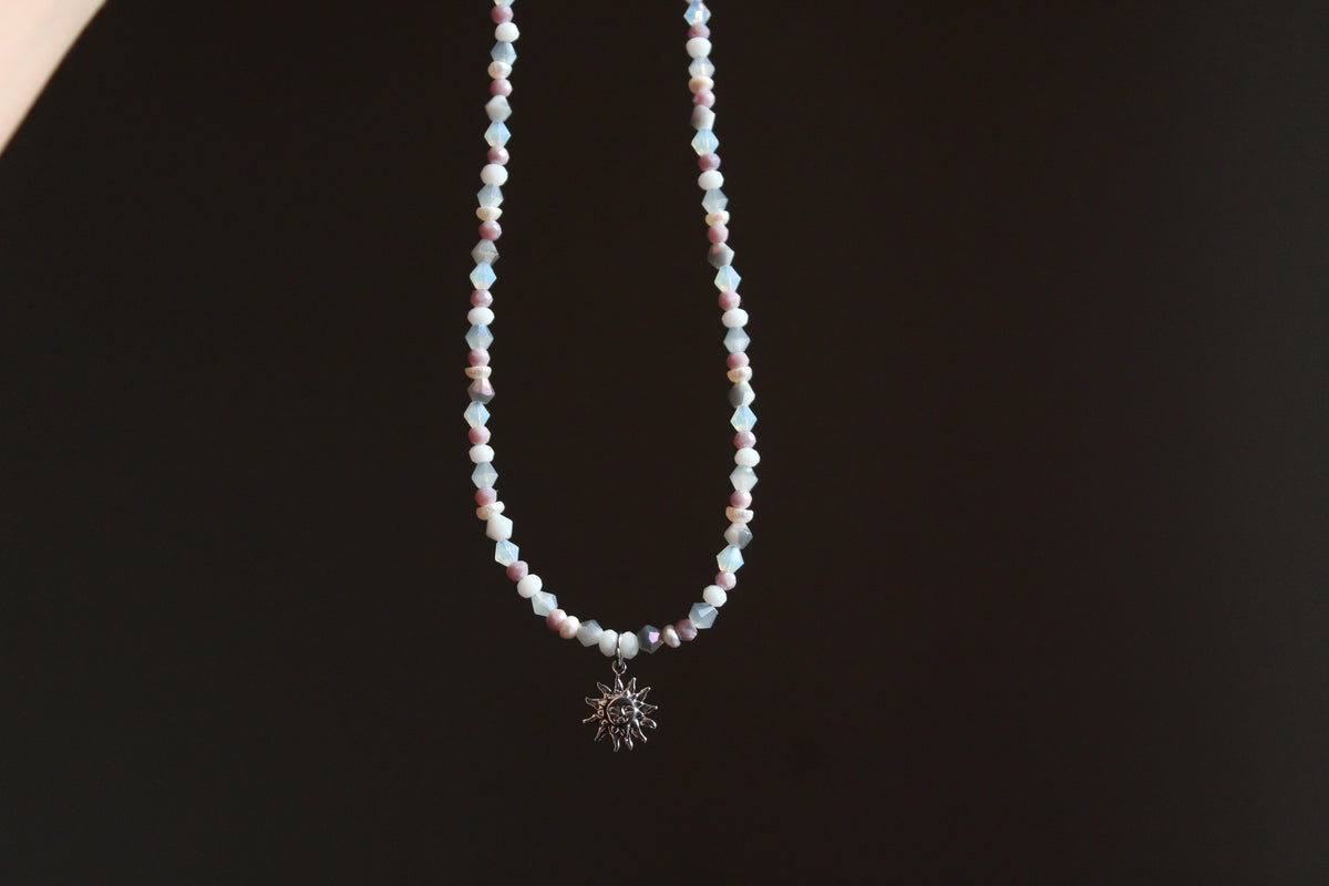 Handmade, Dainty, Misty Blue Sky, Sun Charm, Beaded Necklace | Waterproof Stainless Steel