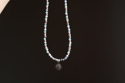 Handmade, Dainty, Misty Blue Sky, Sun Charm, Beaded Necklace | Waterproof Stainless Steel