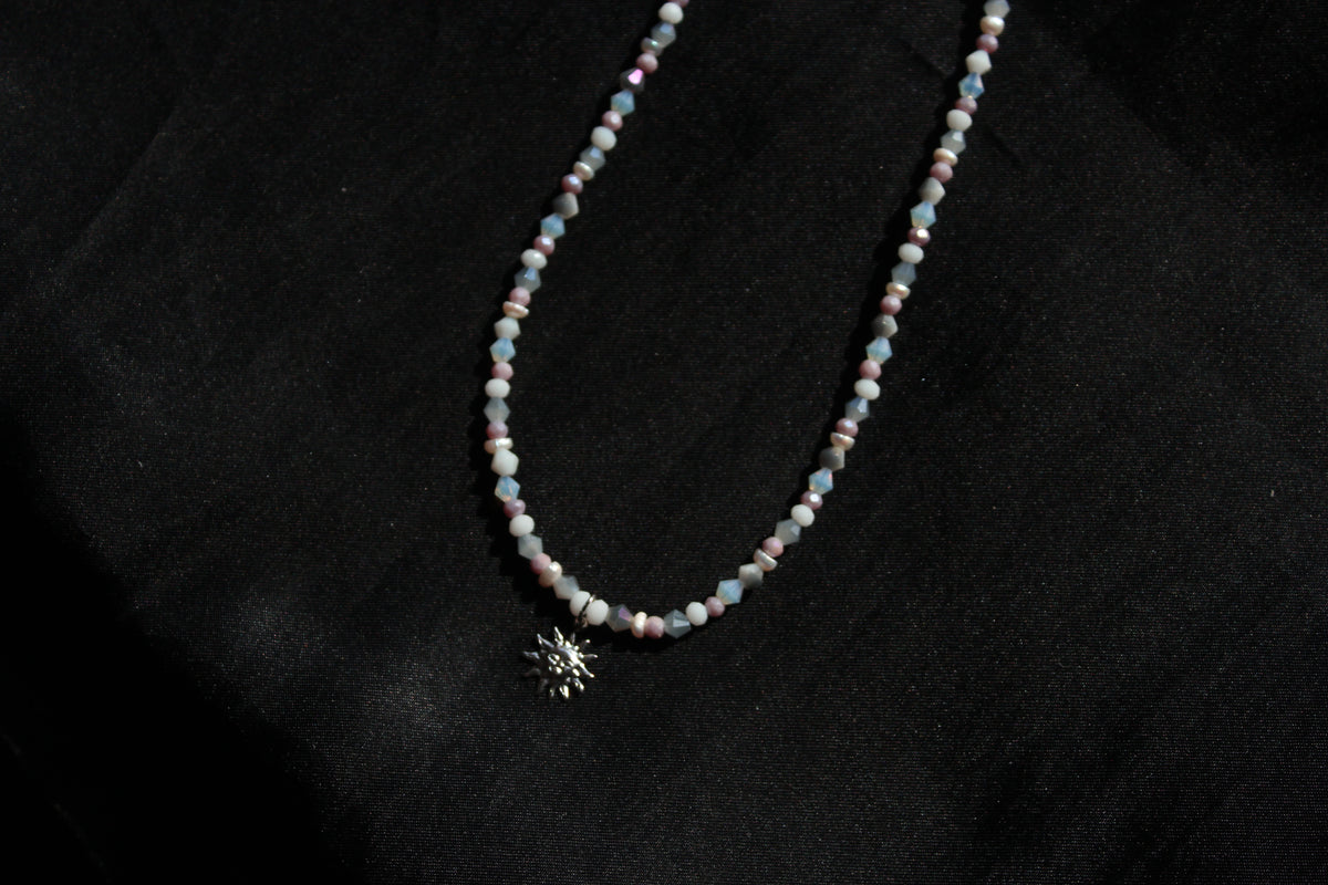 Handmade, Dainty, Misty Blue Sky, Sun Charm, Beaded Necklace | Waterproof Stainless Steel