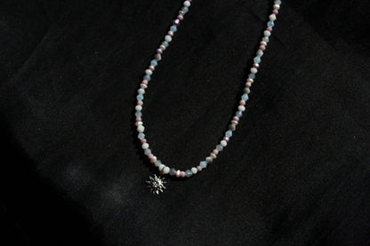 Handmade, Dainty, Misty Blue Sky, Sun Charm, Beaded Necklace | Waterproof Stainless Steel