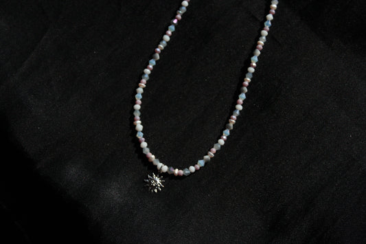 Handmade, Dainty, Misty Blue Sky, Sun Charm, Beaded Necklace | Waterproof Stainless Steel