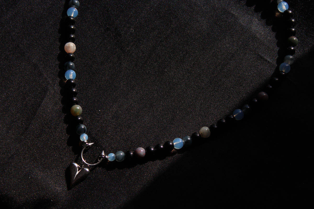 Handmade, Moonlit Soul, Heart, Opalite & Agate, Beaded Necklace | Waterproof Stainless Steel