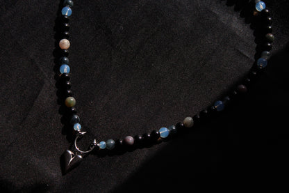 Handmade, Moonlit Soul, Heart, Opalite & Agate, Beaded Necklace | Waterproof Stainless Steel