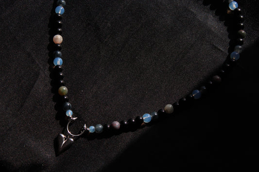 Handmade, Moonlit Soul, Heart, Opalite & Agate, Beaded Necklace | Waterproof Stainless Steel