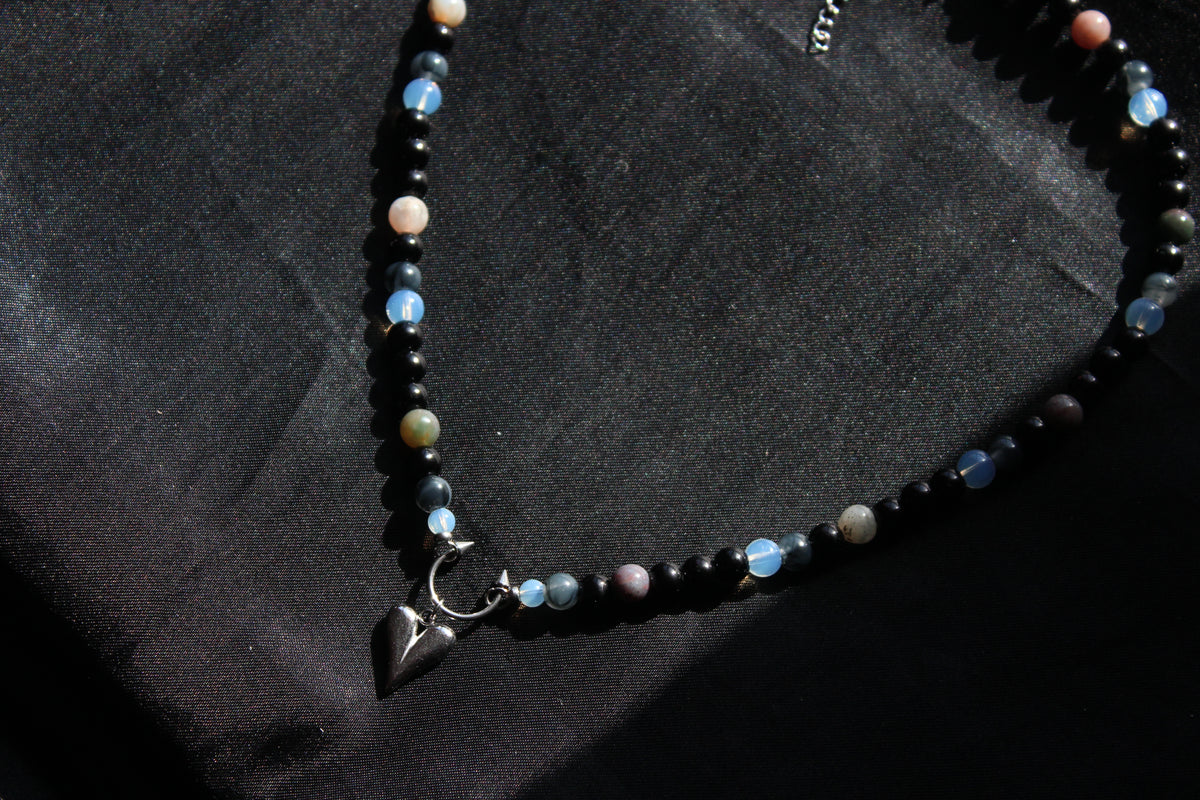 Handmade, Moonlit Soul, Heart, Opalite & Agate, Beaded Necklace | Waterproof Stainless Steel