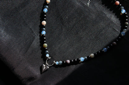 Handmade, Moonlit Soul, Heart, Opalite & Agate, Beaded Necklace | Waterproof Stainless Steel