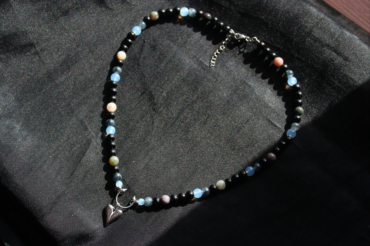 Handmade, Moonlit Soul, Heart, Opalite & Agate, Beaded Necklace | Waterproof Stainless Steel