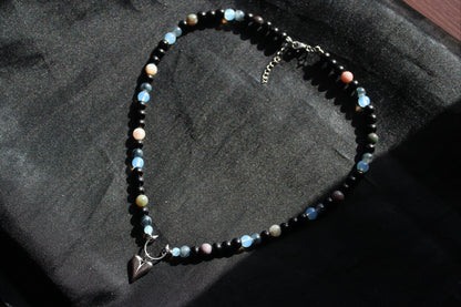 Handmade, Moonlit Soul, Heart, Opalite & Agate, Beaded Necklace | Waterproof Stainless Steel