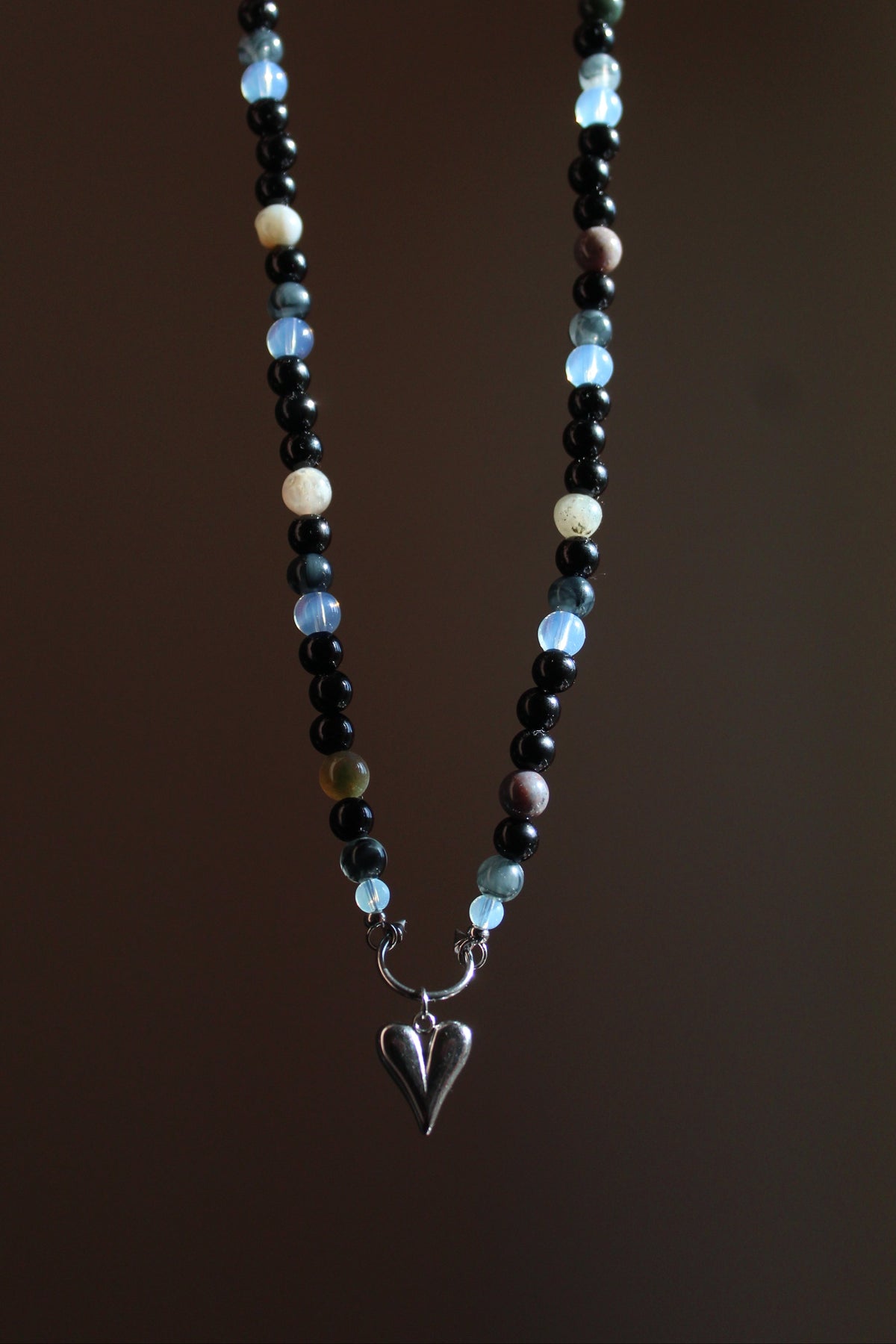 Handmade, Moonlit Soul, Heart, Opalite & Agate, Beaded Necklace | Waterproof Stainless Steel
