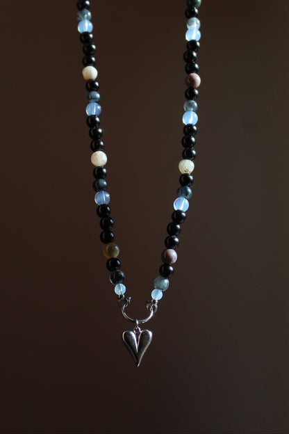 Handmade, Moonlit Soul, Heart, Opalite & Agate, Beaded Necklace | Waterproof Stainless Steel
