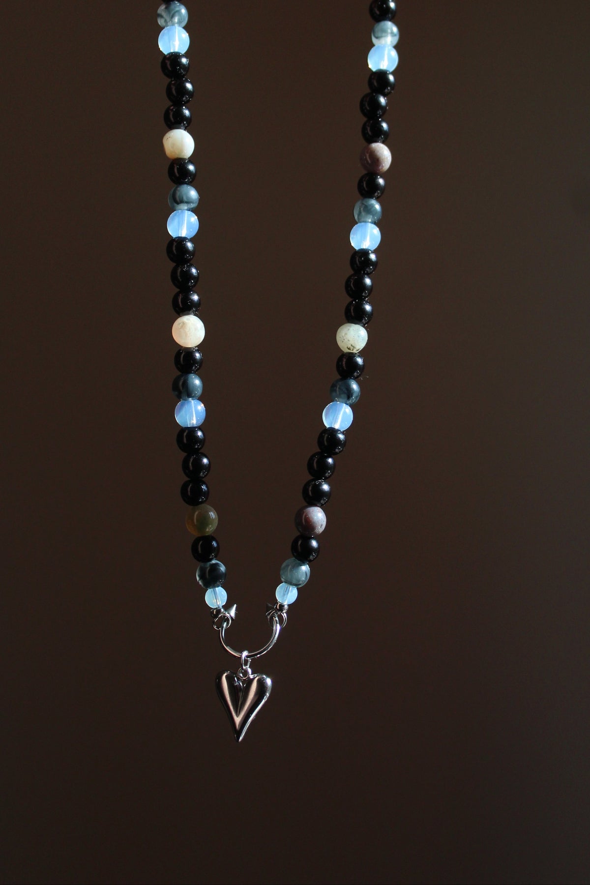Handmade, Moonlit Soul, Heart, Opalite & Agate, Beaded Necklace | Waterproof Stainless Steel