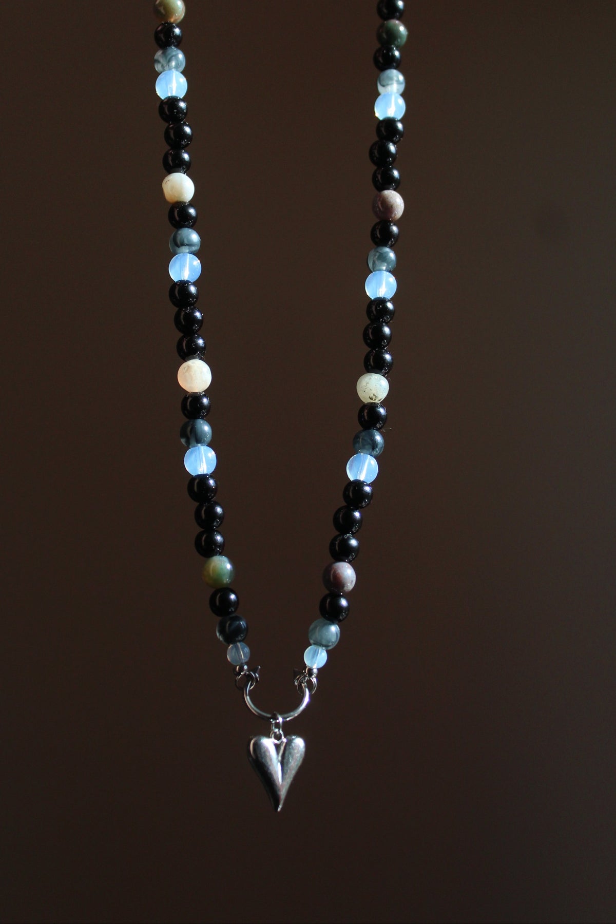 Handmade, Moonlit Soul, Heart, Opalite & Agate, Beaded Necklace | Waterproof Stainless Steel