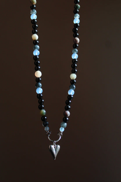 Handmade, Moonlit Soul, Heart, Opalite & Agate, Beaded Necklace | Waterproof Stainless Steel
