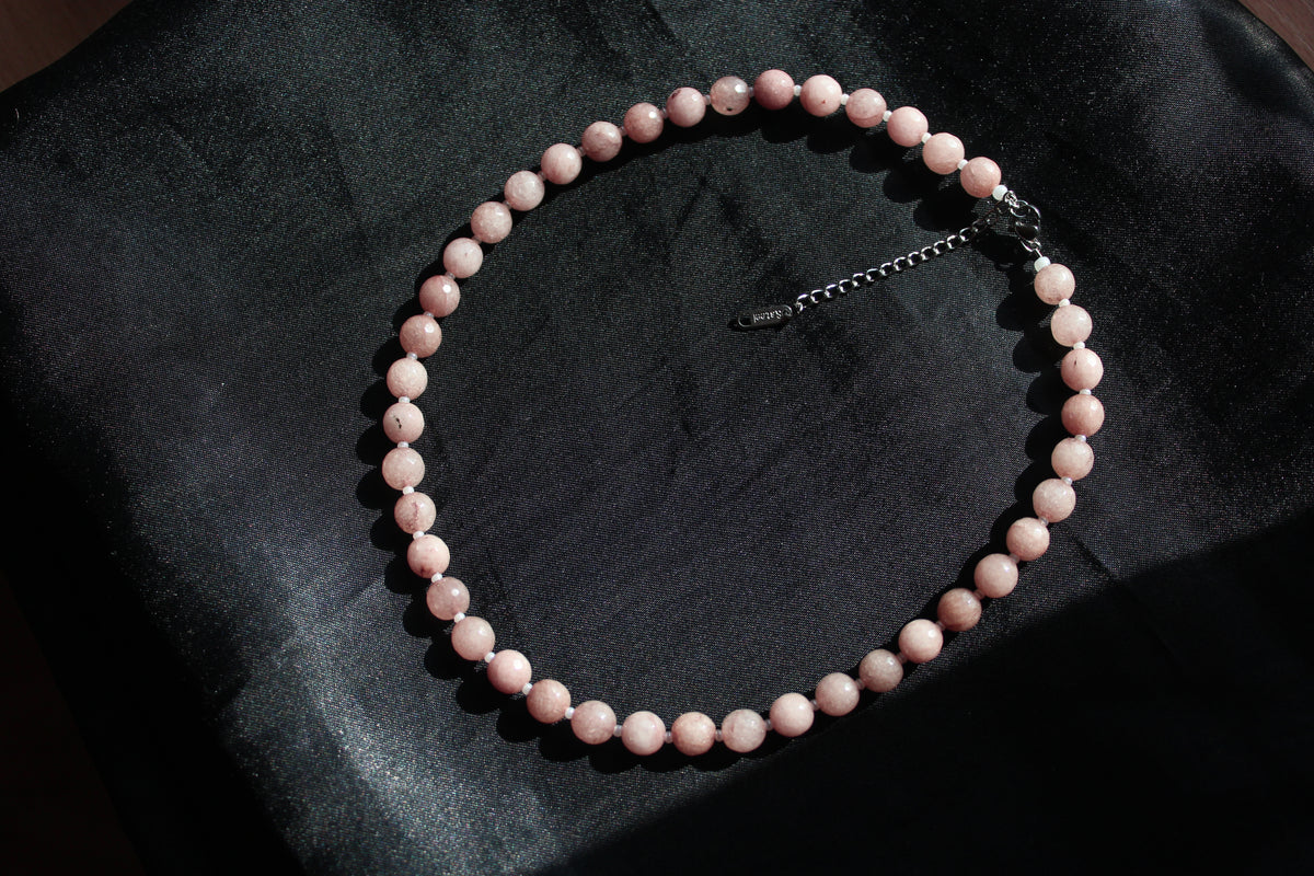 Handmade, Strawberry Quartz, Beaded Necklace | Waterproof Stainless Steel